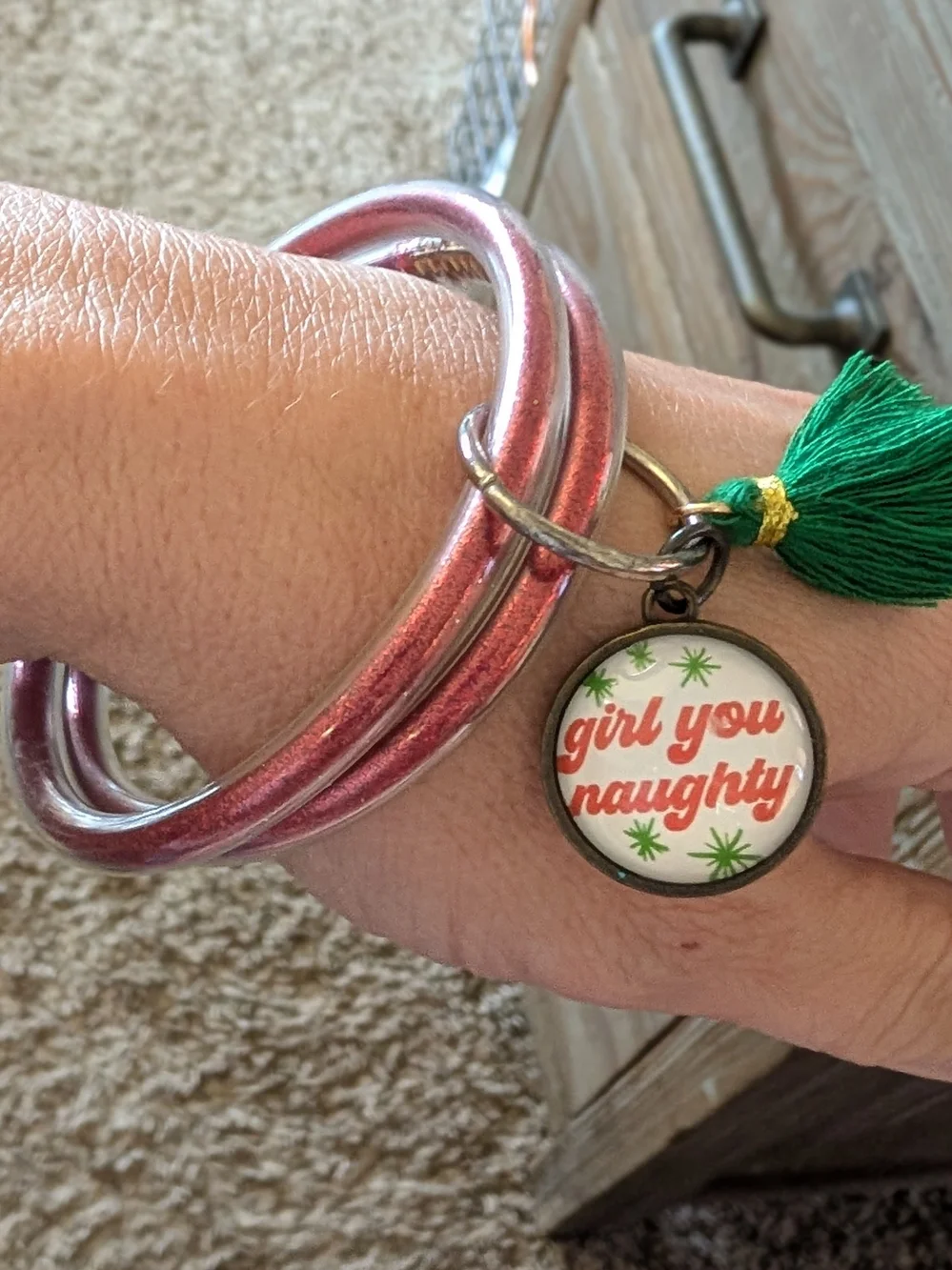 Red Metallic Naughty/Nice Bangle Charm Bracelet